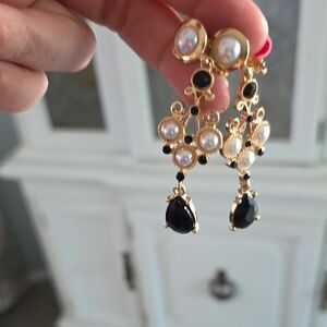 Gold and Black Pearl Clip On Dangle Earrings